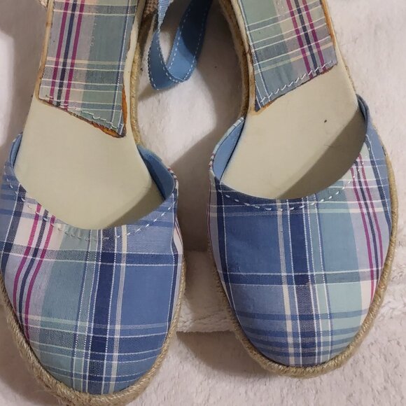 Vintage Tommy Hilfiger Regina Blue Madras plaid sandals, wedge sz 9.5 - Picture 2 of 7